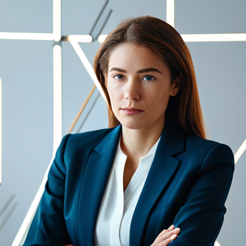 Home 6 A focused professional woman in a modest business suit, with a thoughtful expression, surrounded by subtle, glowing abstract lines and interconnected geometric shapes in a bright, modern, minimalist workspace. Soft lighting illuminates her face as if a new idea is forming. The atmosphere is innovative and enlightening. This is a professional photograph, high quality, fully clothed, appropriate attire, safe for work, perfect anatomy, correct proportions, natural pose, well-formed hands, proper finger count, natural body proportions, modest.