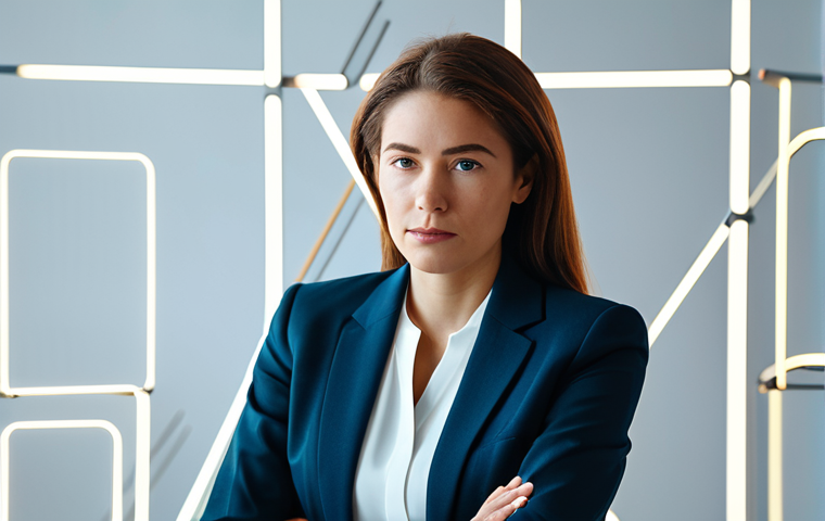 A focused professional woman in a modest business suit, with a thoughtful expression, surrounded by subtle, glowing abstract lines and interconnected geometric shapes in a bright, modern, minimalist workspace. Soft lighting illuminates her face as if a new idea is forming. The atmosphere is innovative and enlightening. This is a professional photograph, high quality, fully clothed, appropriate attire, safe for work, perfect anatomy, correct proportions, natural pose, well-formed hands, proper finger count, natural body proportions, modest.