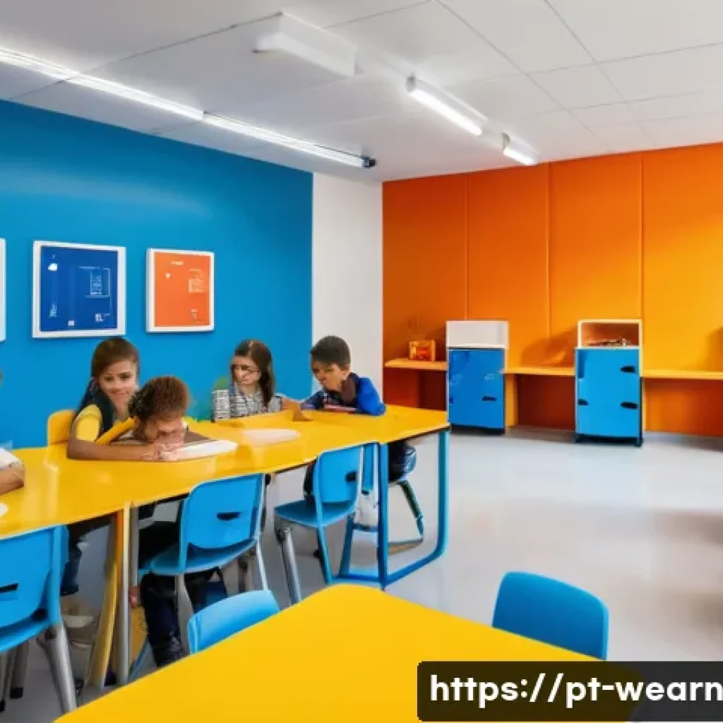 아동 및 청소년을 위한 평생학습 접근법 - A bright, modern flexible classroom designed for children and adolescents in Brazil, featuring movab...