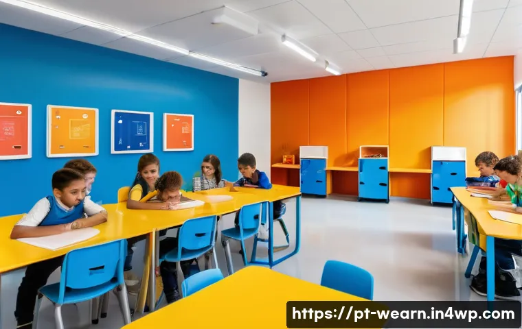 아동 및 청소년을 위한 평생학습 접근법 - A bright, modern flexible classroom designed for children and adolescents in Brazil, featuring movab...