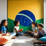 지속 가능한 학습 환경 구축하기 - A modern, inclusive classroom in Brazil featuring natural sunlight streaming through large windows, ...