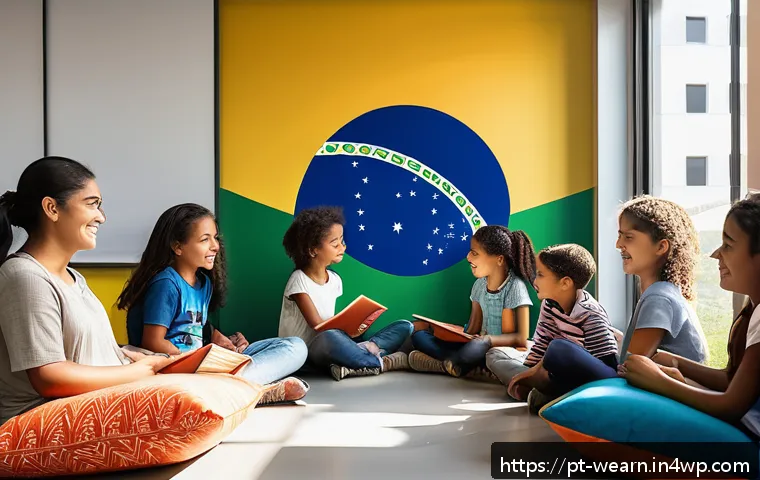 지속 가능한 학습 환경 구축하기 - A modern, inclusive classroom in Brazil featuring natural sunlight streaming through large windows, ...