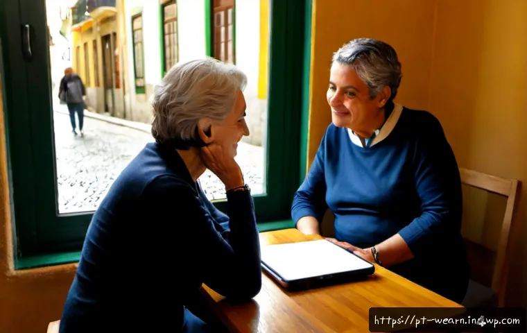 평생학습 마인드셋을 위한 멘토 찾기 - Photorealistic lifestyle scene in a welcoming Lisbon neighborhood café, an older Portuguese woman an...